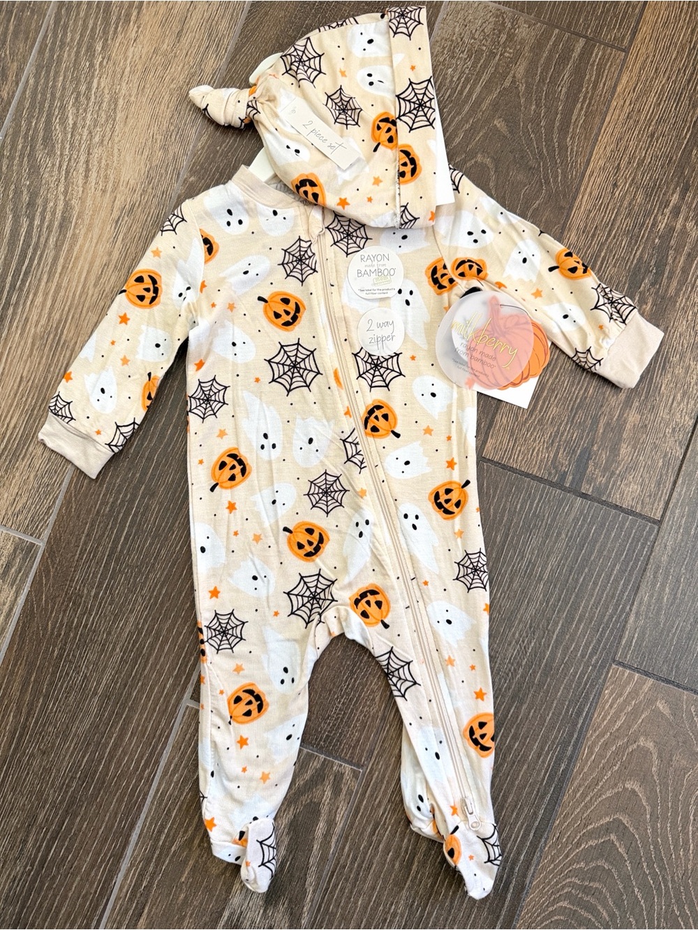 Milkberry Baby Bamboo Footie Halloween/Knotted Hat 2-Way Zip Pajamas—3-6M